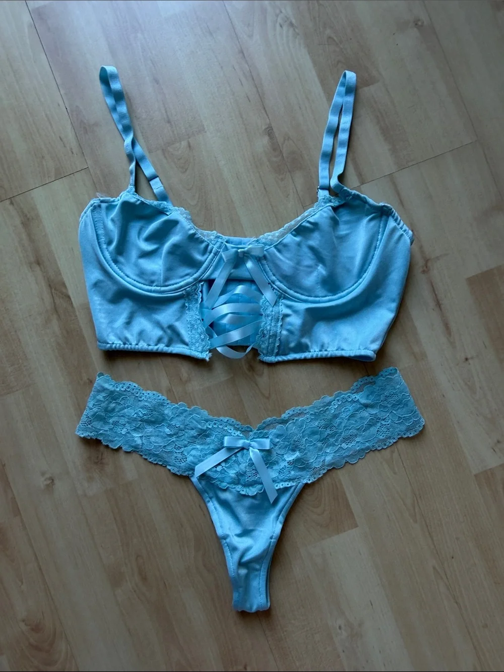 Light Blue Lace Trim Lingerie Set - Satin Bralette & Thong